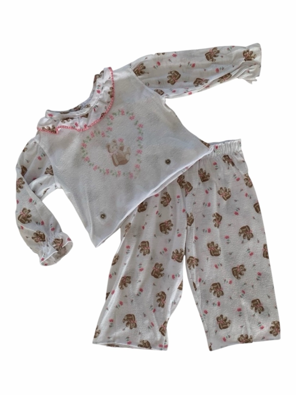 Vintage Bears Pajama Set Girls 12M Pink White Top Pants Heart Ruffle Lightweight